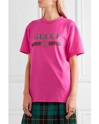 Gucci Embellished Printed Cotton Jersey T Shirt Bright Pink