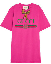 Gucci Embellished Printed Cotton Jersey T Shirt Bright Pink