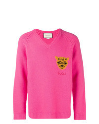 Hot Pink Print V-neck Sweater