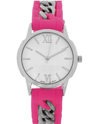 Fashion Watches Silver Tone Chain Pink Silicone Watch