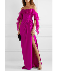 Marchesa Off The Shoulder Ruffled Organza And Silk Gown