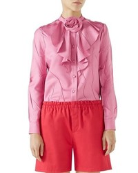 Hot Pink Ruffle Silk Long Sleeve Blouse
