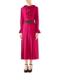 Hot Pink Ruffle Silk Midi Dress