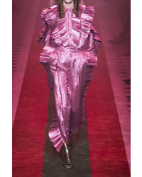 Gucci Ruffled Cropped Metallic Tapered Pants Pink
