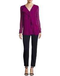 St. John Collection Velvet Polka Dot Asymmetric Ruffle Blouse