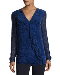 St. John Collection Velvet Polka Dot Asymmetric Ruffle Blouse