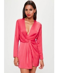 Missguided Pink Silky Plunge Wrap Shift Dress