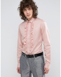 Asos Regular Fit Shirt With Ruffle Front In Pink
