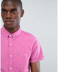 Hollister Short Sleeve Poplin Solid Shirt Slim Fit Seagull Logo In Pink