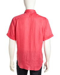 Neiman Marcus Short Sleeve Relaxed Linen Shirt Med Pink