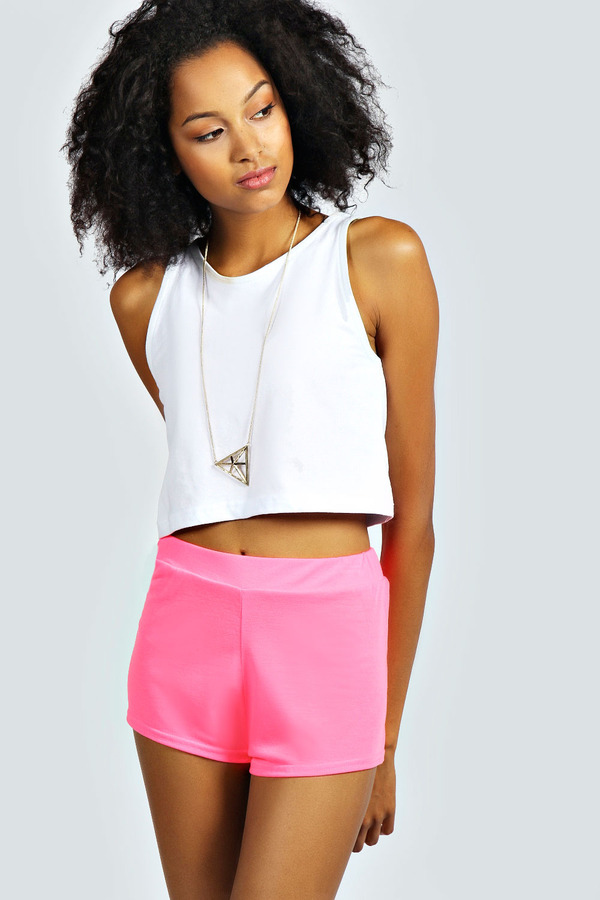 Boohoo Kyla Neon Basic Jersey Knicker Shorts, $11 | BooHoo | Lookastic