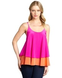 Jay Godfrey Hot Pink And Coral Silk Colorblock Tiered Tank Blouse
