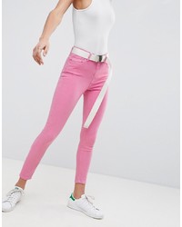 ASOS DESIGN Ridley High Waist Skinny Jeans In Neon Pink With Extra Long Belt