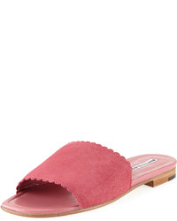 Manolo Blahnik Suede Scalloped Slide Flat Sandal Pink