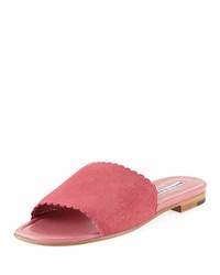 Manolo Blahnik Suede Scalloped Slide Flat Sandal Pink
