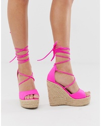 RAID Marea Neon Pink Tie Up Espadrille Wedge Sandals