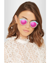 Freda Banana Lulu Round Frame Embellished Matte Acetate Mirrored Sunglasses Bright Pink