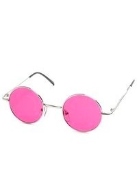 HB Silver Frame Lady Gaga Round Sunglasses With Dark Pink Lenses