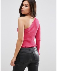 Asos Collection One Shoulder Sweater In Rib With Ruffle Hem