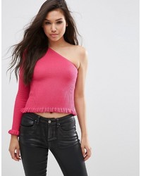 Asos Collection One Shoulder Sweater In Rib With Ruffle Hem