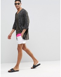 Asos Brand Short Length Swim Shorts In White With Neon Pink Panel