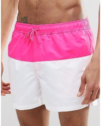 Asos Brand Short Length Swim Shorts In White With Neon Pink Panel