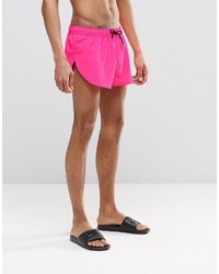 Asos Brand Super Short Length Swim Shorts In Neon Pink With Side Split