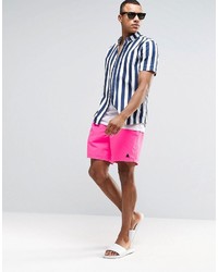Asos Swim Shorts In Neon Pink With Black Triangle Logo Mid Length