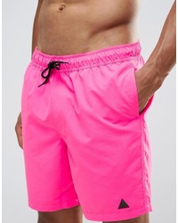 Asos Swim Shorts In Neon Pink With Black Triangle Logo Mid Length