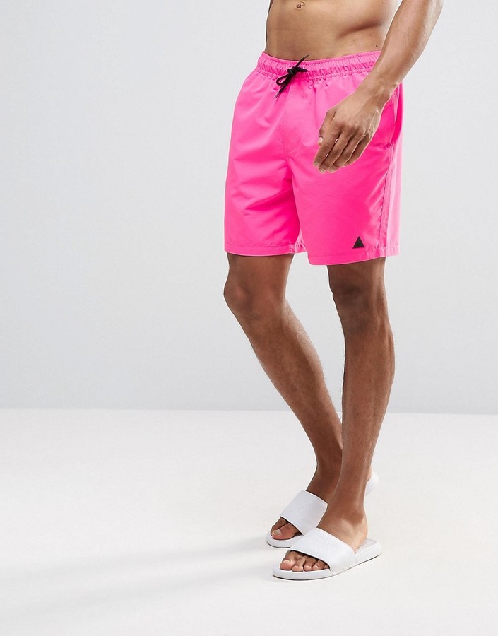 Childish There is a trend rendering Asos Swim Shorts In Neon Pink With Black Triangle Logo Mid Length, $19 |  Asos | Lookastic