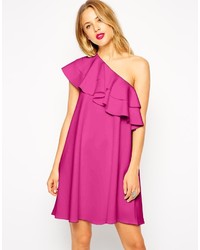 Asos Collection Swing Dress In Scuba With One Shoulder And Ruffle Detail