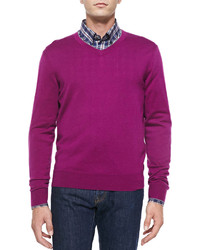 Neiman Marcus Cashmere Silk V Neck Sweater Fuchsiagray