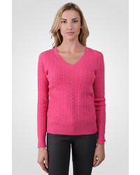 J CASHMERE Hot Pink Cashmere Cable Knit V Neck Sweater