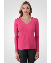 J CASHMERE Hot Pink Cashmere V Neck Sweater