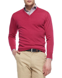 Peter Millar Long Sleeve V Neck Sweater Pink