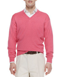 Peter Millar V Neck Cotton Blend Sweater Pink