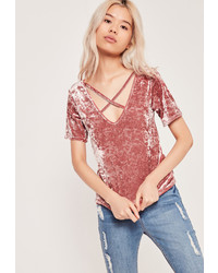 Missguided Crushed Velvet Cross Front T Shirt Pink