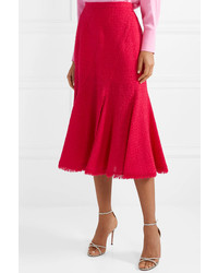 Oscar de la Renta Frayed Wool Blend Tweed Midi Skirt