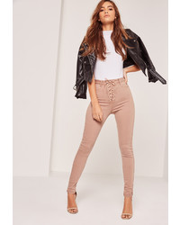 Missguided Camel High Waisted Lace Up Skinny Jeans