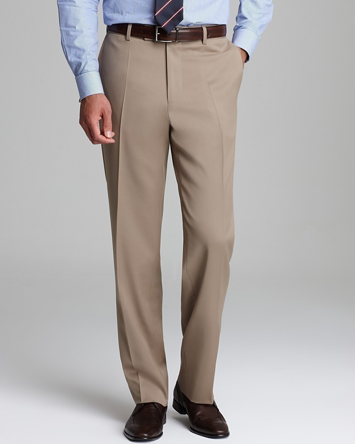 Bloomingdale's Classic Fit Solid Tan Flat Front Cotton Dress Pants
