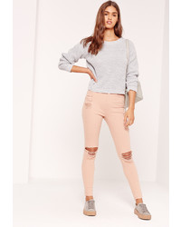 Missguided High Waisted Ripped Knee Skinny Jeans Nude