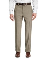 Brioni Mohair Look Wool Flat Front Trousers Taupe