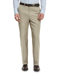 Brioni Phi Flat Front Solid Wool Trousers Tan