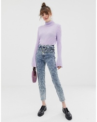 ASOS DESIGN Farleigh Slim Mom Jeans With Diamonte Double Belt Detail In Acid Wash