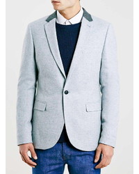 Topman Light Blue Wool Blend Textured Skinny Fit Blazer With Contrast Back Neck