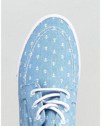 Asos Boat Shoes In Blue Chambray With Anchor Print