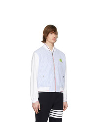 Thom Browne Blue And White Seersucker Ball Patch Bomber Jacket