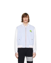 Thom Browne Blue And White Seersucker Ball Patch Bomber Jacket