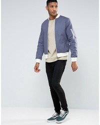 Asos Bomber Jacket With Sleeve Zip In Blue With Ecru Rib
