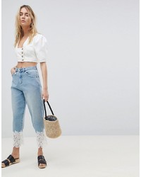 ASOS DESIGN Boyfriend Jeans In Mid Wash With Lace Hem